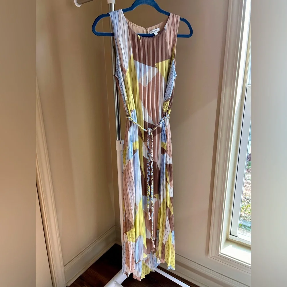 Nine West Pleated Midi Dress XS | Sleeveless Geometric Braided Belt Dress - Picture 2 of 6